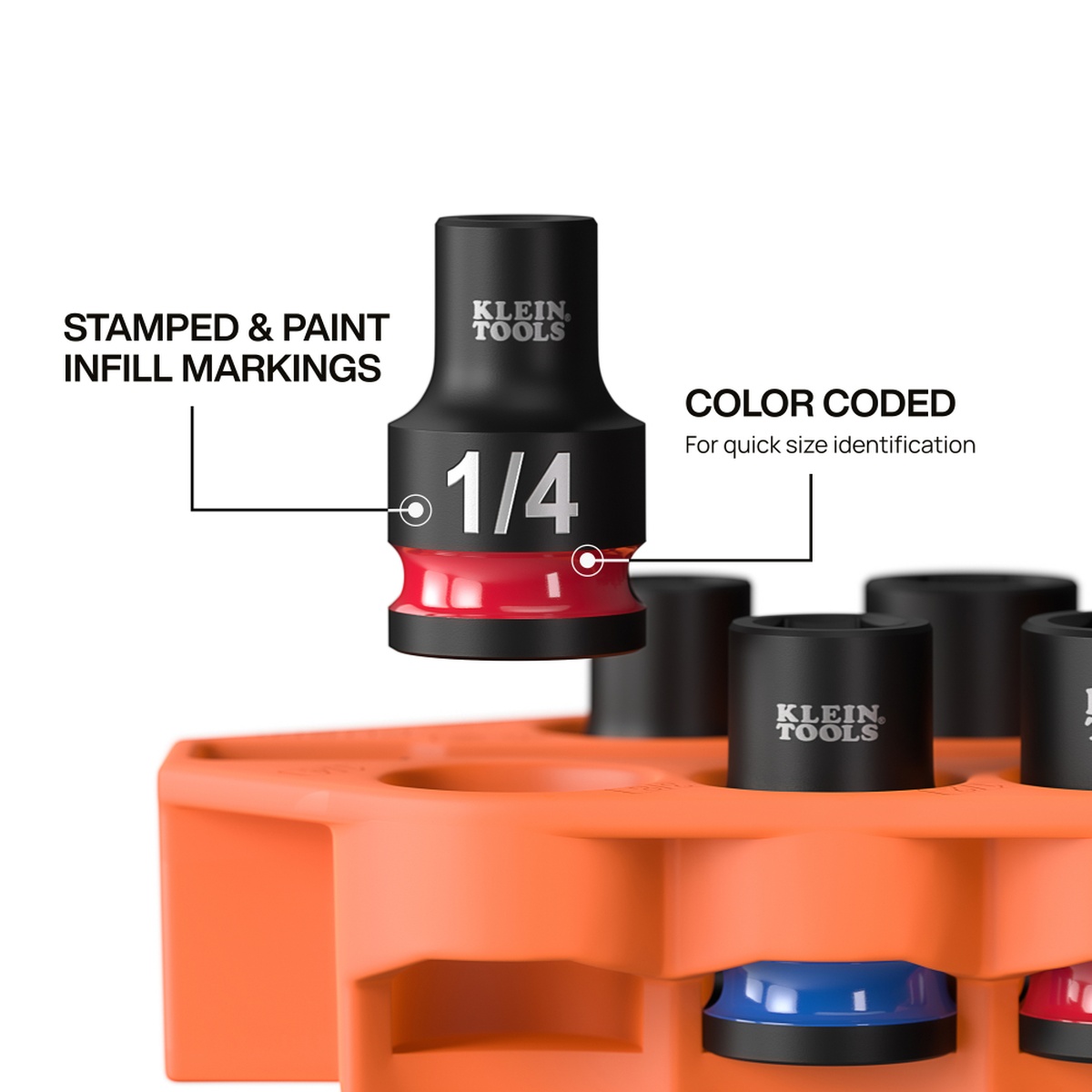 Klein Tools Grab-And-Go Impact Socket Set, SAE, 10-Piece close-up showing stamped size marking and color-coded socket band for fast identification