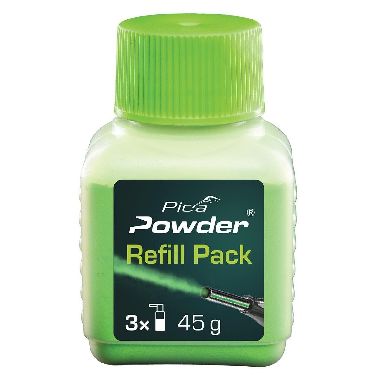 Pica 2030 Spray Marker Refill Powder, 1-Pack bottle showing green fluorescent chalk powder refill for marking and layout work in the shop or on the jobsite