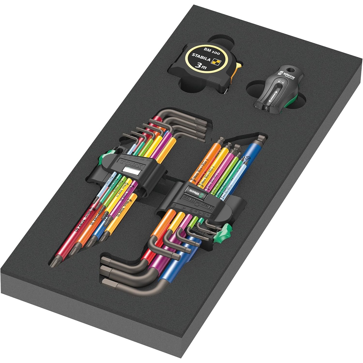 Wera 05150140001 9740 Foam Insert L-Key Set 1, 20 Pieces arranged in a drawer-ready foam insert with hex keys, Torx keys, magnet, and tape measure for workshop organization