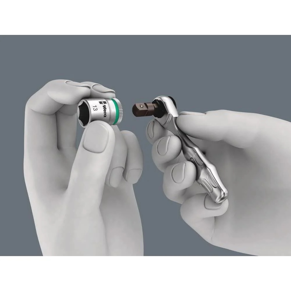 Wera Tool-Check Plus 2, 39-Pieces ratchet connecting to a metric socket for compact hardware fastening