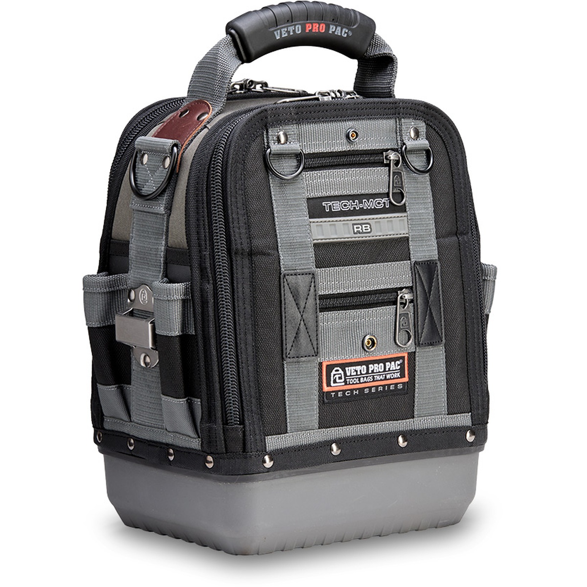 Veto Pro Pac TECH-MCT RB Tool Bag shown from the front on a clean background, highlighting the compact service bag layout, front storage area, and molded waterproof base for daily technician work