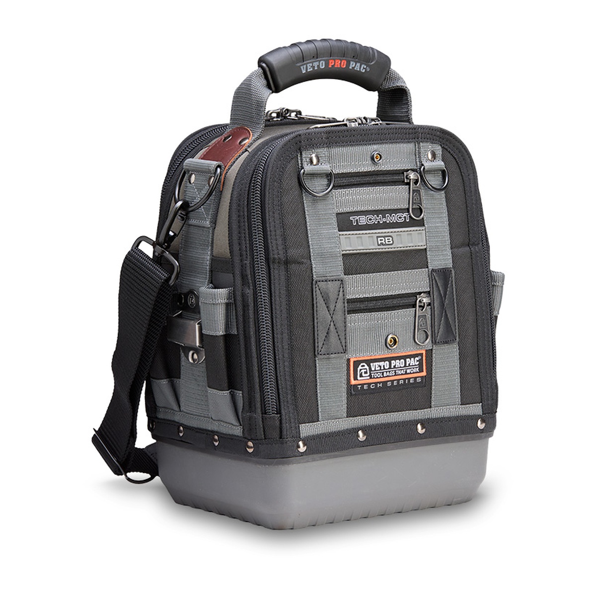 Veto Pro Pac TECH-MCT RB Tool Bag with shoulder strap attached, showing the ergonomic handle, padded strap, zipper access, and rubber base for service calls and installation work