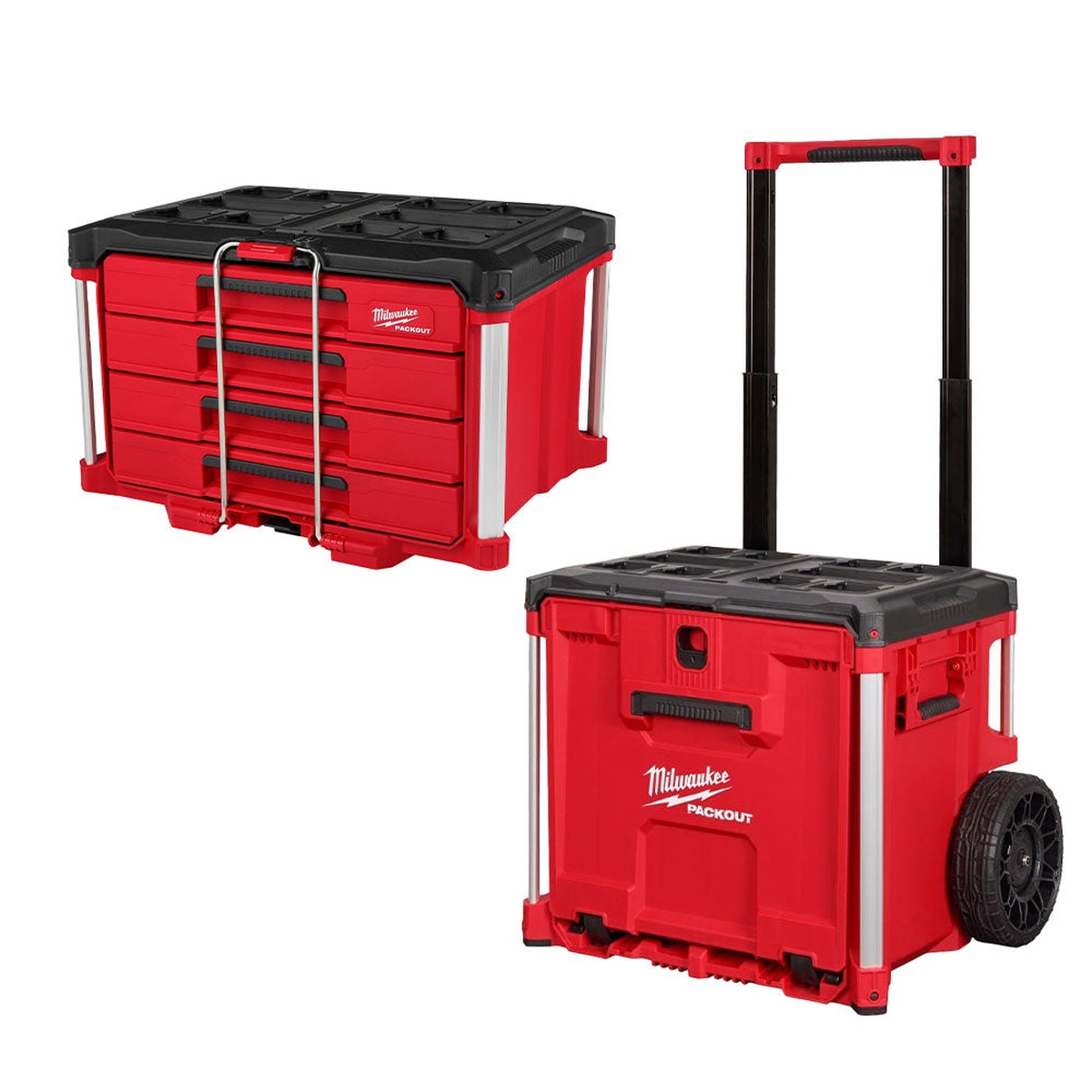Milwaukee 48-22-8420 PACKOUT rolling drawer tool box and 48-22-8444 PACKOUT 4-drawer tool box displayed together for modular tool organization in a contractor storage setup