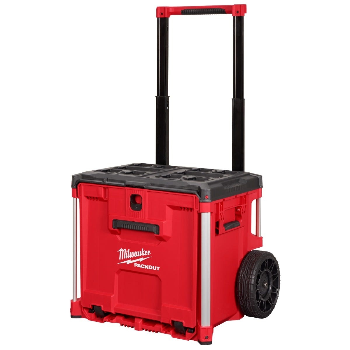 Milwaukee 48-22-8420 PACKOUT rolling drawer tool box shown on a clean background with extended handle and all-terrain wheels for moving tools across a jobsite