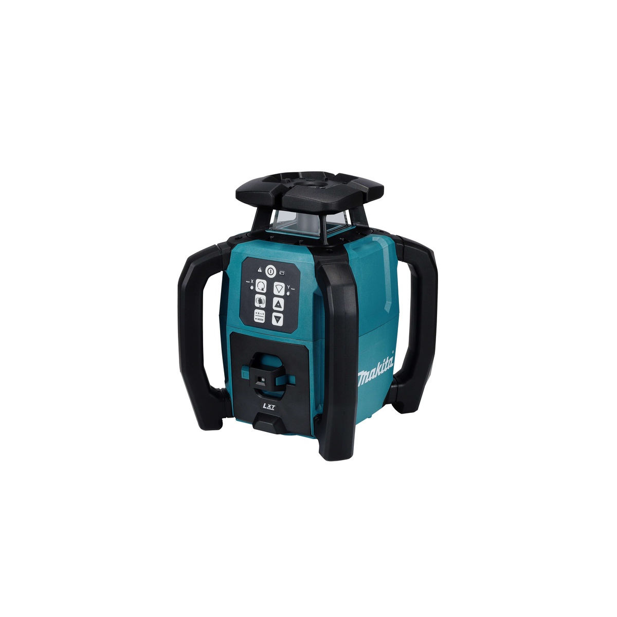 Makita SKR001Z 18V LXT Green Exterior Dual Slope 360-Degree Rotary Laser positioned for leveling, slope setup, and layout tasks on construction and grading jobs