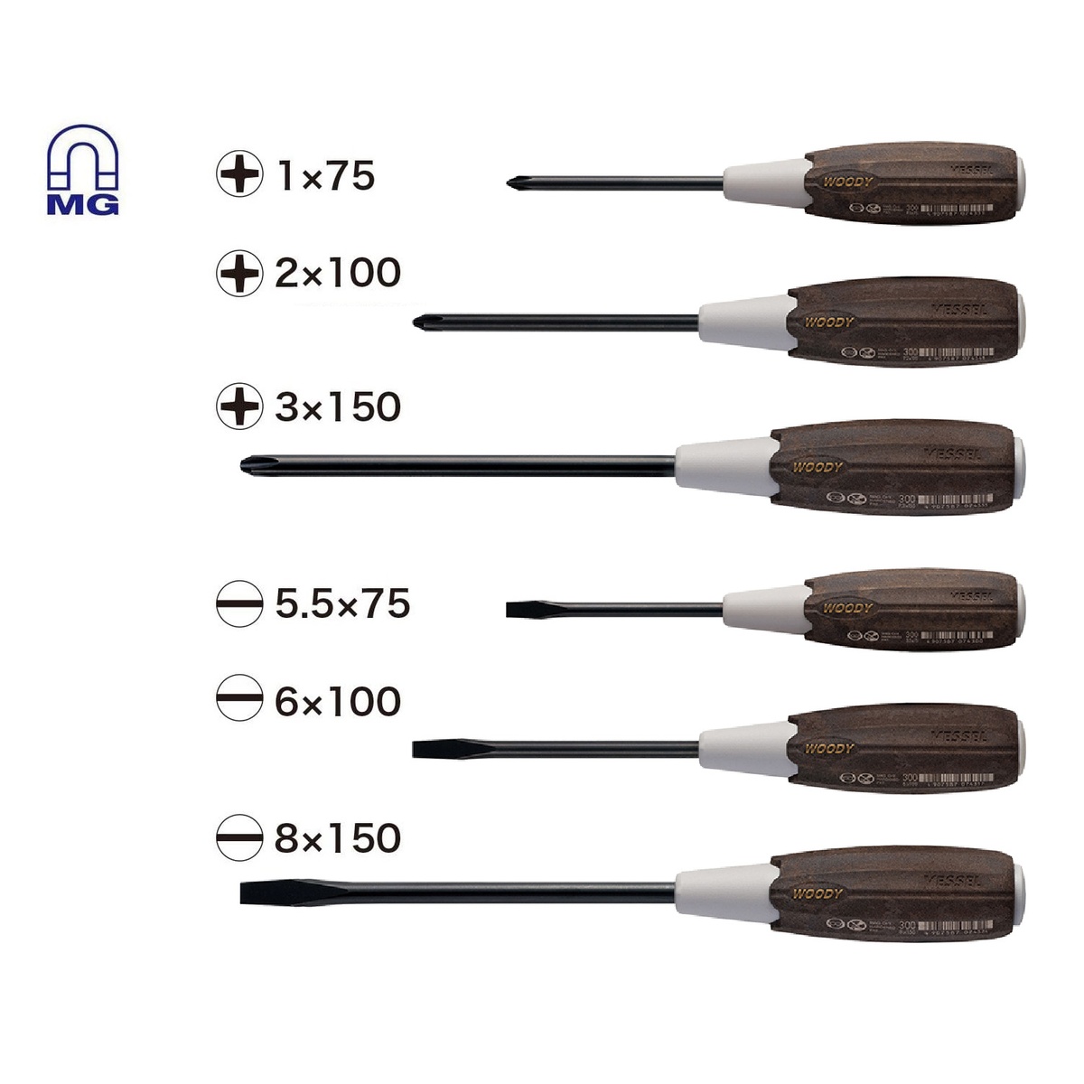 Vessel 3006CS Wood-Compo Non-Slip Screwdriver 6pc Set lineup showing Phillips and slotted drivers in multiple shaft lengths for shop and service work