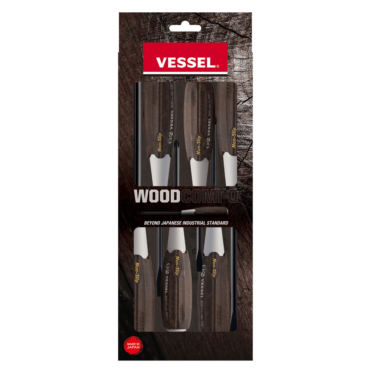 Packaged Vessel 3006CS Wood-Compo Non-Slip Screwdriver 6pc Set showing Japanese-made manual screwdrivers for fastening tasks