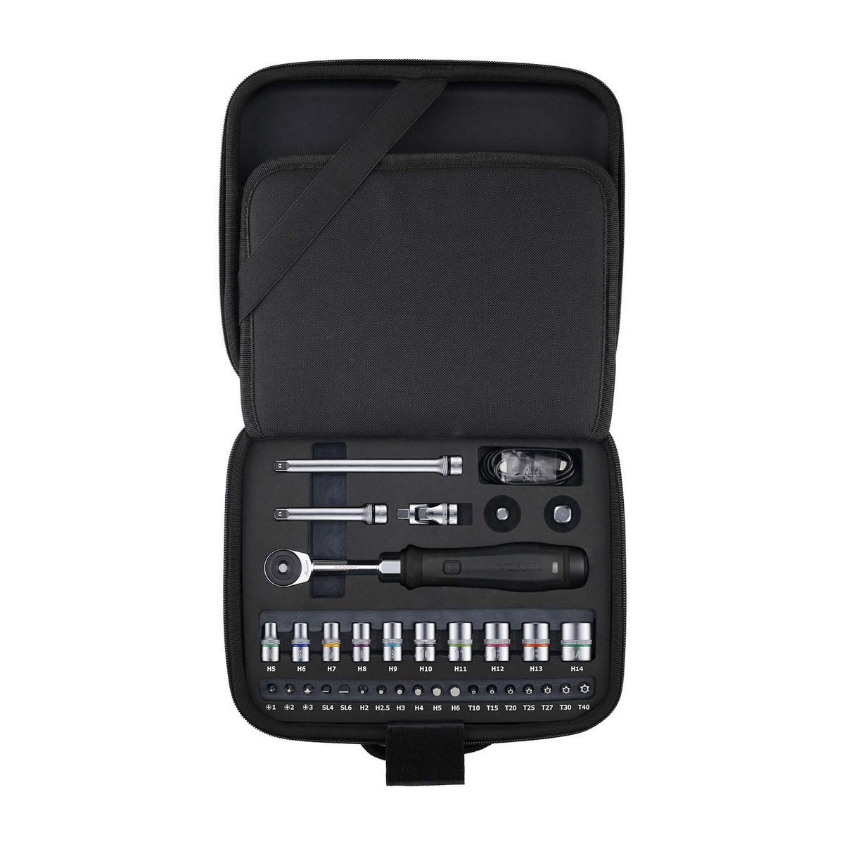 Open carrying case for the Vessel e-ASSIST Mini Ratchet Wrench Set showing organized bits sockets extensions and USB Type-C cable