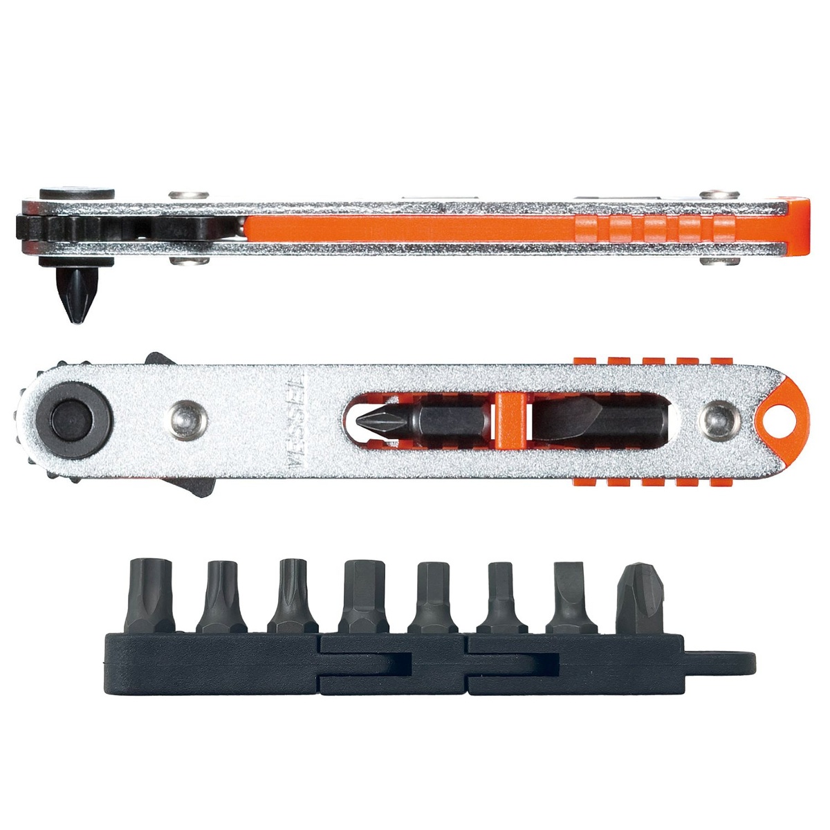 Vessel Tool No. TX-76U Flat Ratchet Screwdriver & Bits Set shown from the side and top with onboard bit storage and multiple driver bits for service work