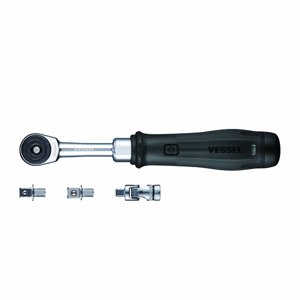 Vessel Tool e-ASSIST MINI Ratchet Wrench 400ER2U shown with included socket adapters and universal joint on a clean background