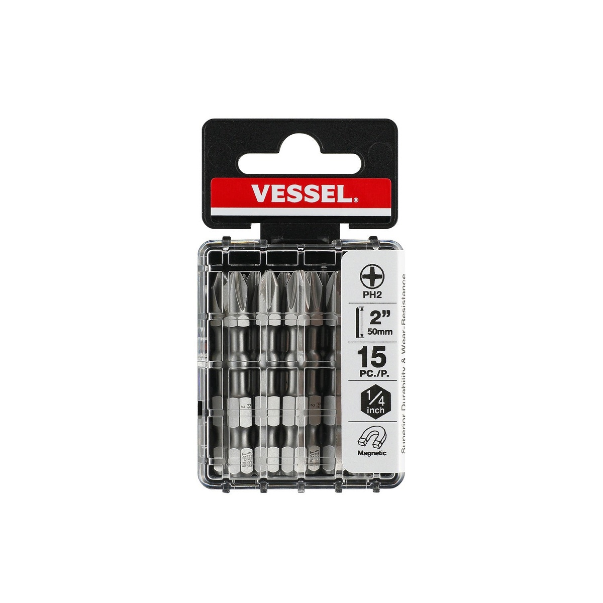 Packaged Vessel Tool IBPH250P15T Impact Ball Magnetic Phillips #2 2 in. 15-Piece Bit Set showing 15 magnetic 1/4 inch hex bits in retail case