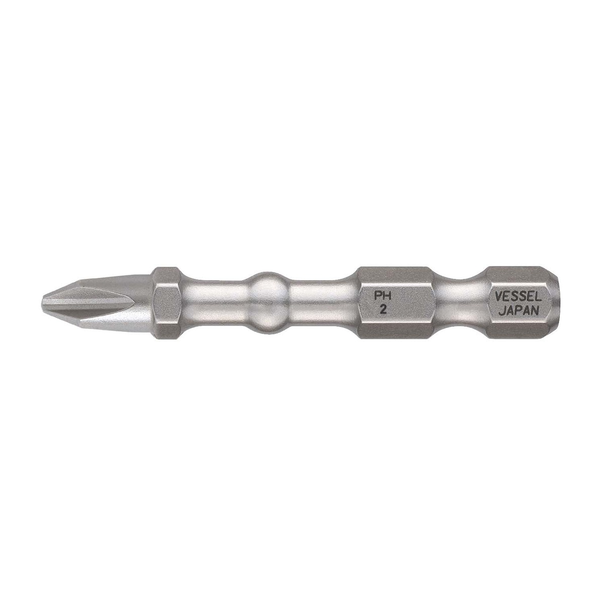 Close-up of Vessel Tool IBPH250P15T Impact Ball Magnetic Phillips #2 2 in. bit showing the torsion section and Phillips tip on a clean background