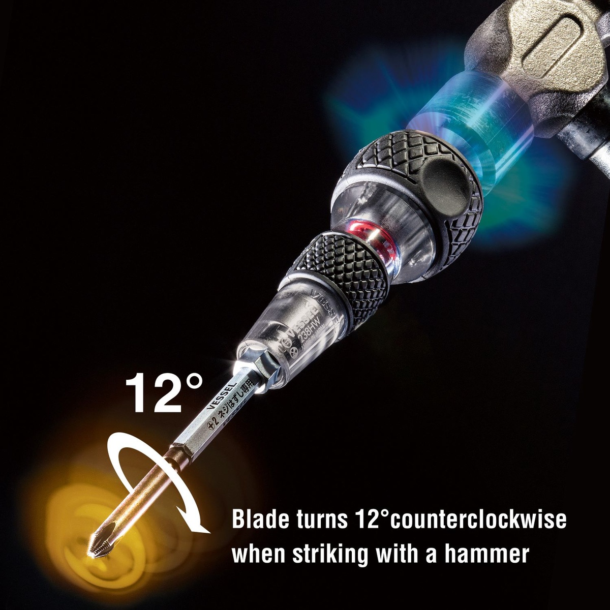 Vessel 238HWB-7PU Impact & Out Screwdriver & 7PC. Bit Set being struck with a hammer to loosen a stubborn screw during fastener removal work