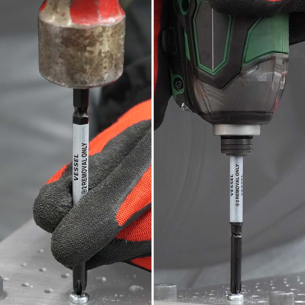 Vessel 238HWB-7PU Impact & Out Screwdriver & 7PC. Bit Set laid out with impact handle and included bits for repair bench use