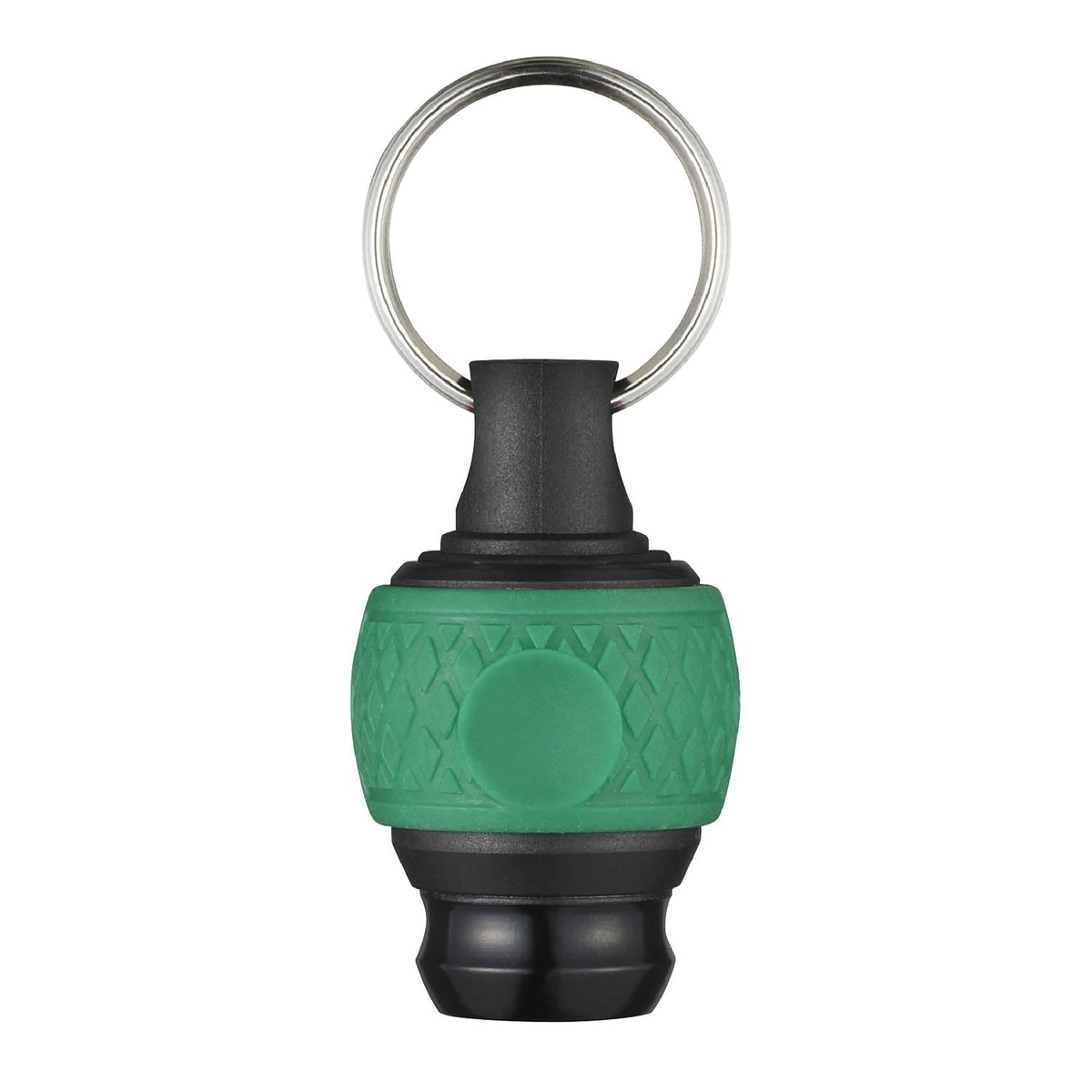 Vessel QB-22GU Ball Grip Carrying Bit Holder shown as a compact green and black keyring bit holder for carrying a 1/4 inch hex driver bit on the job or in a tool pouch