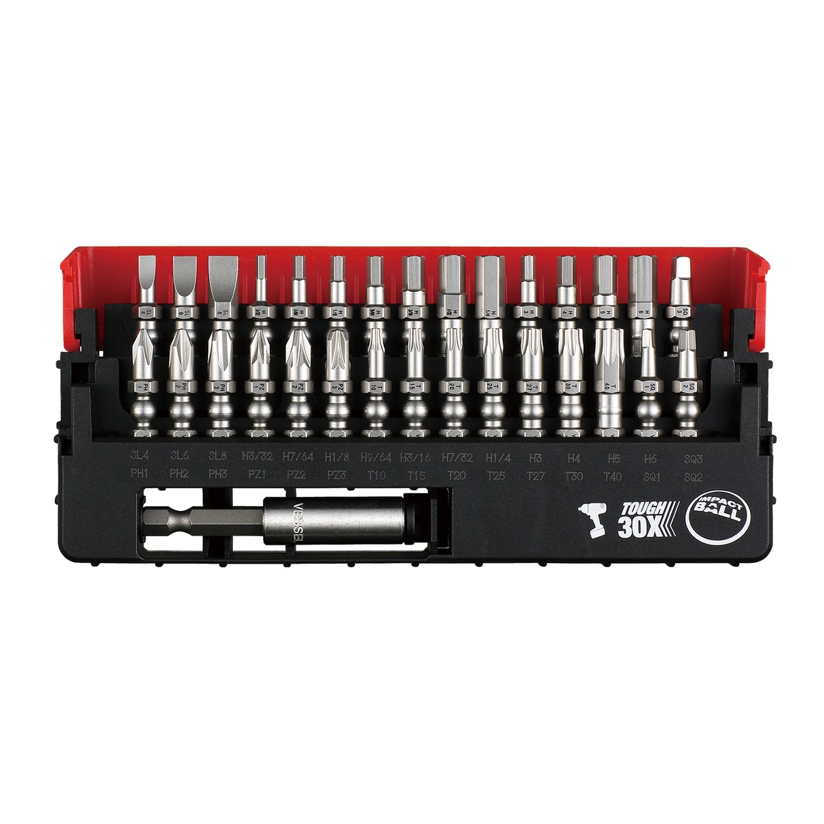 Vessel Tool IB31P02U Impact Ball 31-Piece Impact Bit Set open in its storage case showing organized slotted, Phillips, Pozidriv, Torx, square, and hex bits for jobsite fastening