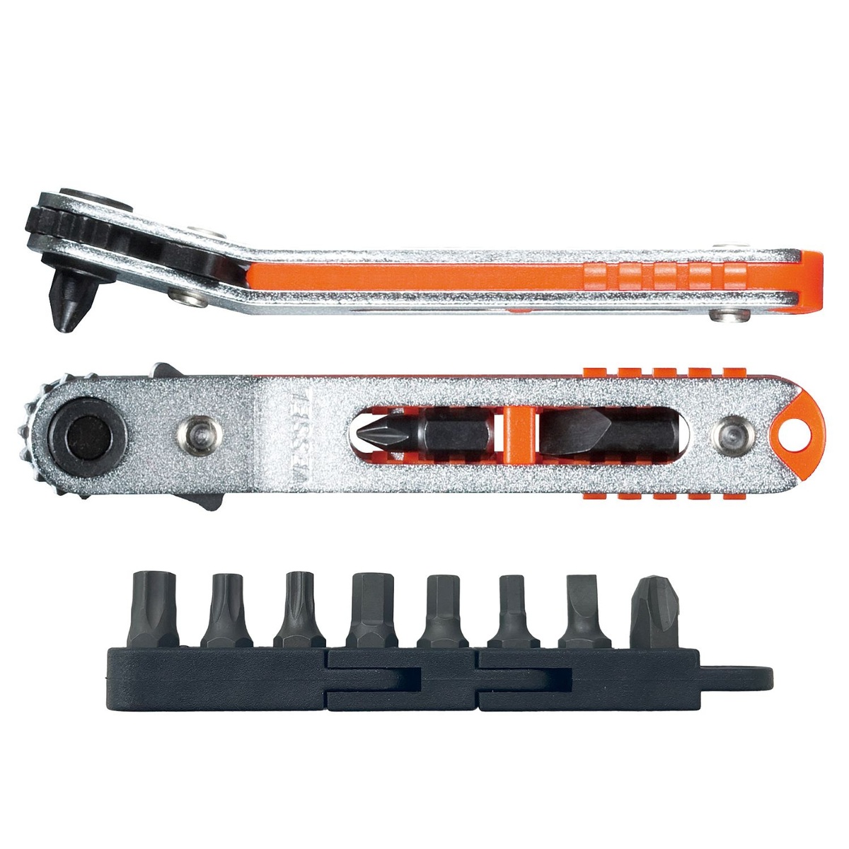 Vessel Tool TX-79U flat ratchet screwdriver with stored bits and included 1/4 inch hex bit set arranged for service and repair fastening applications