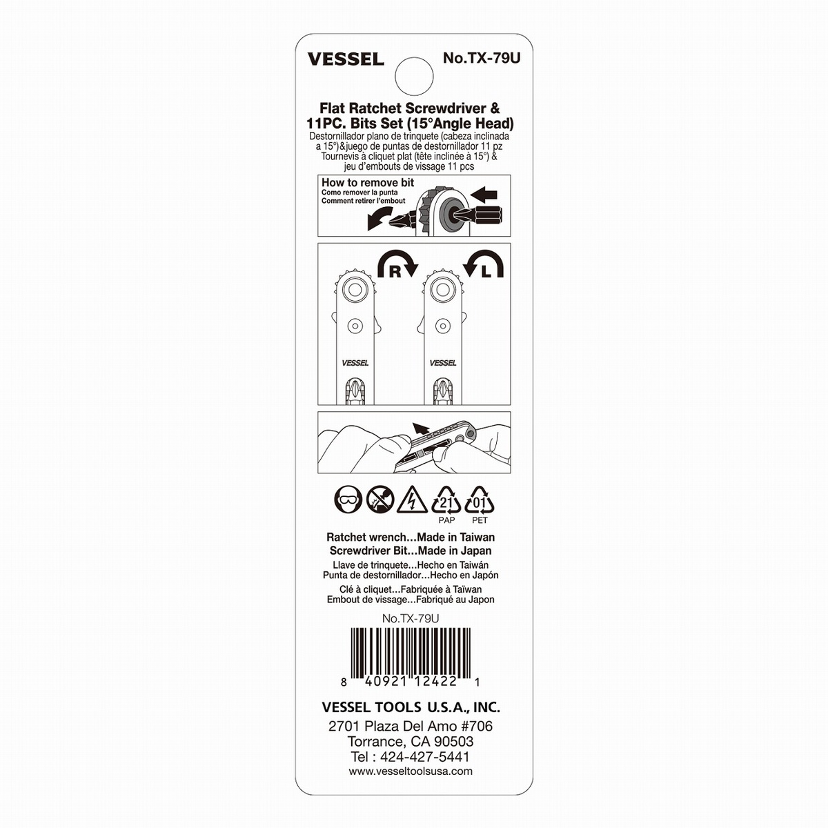 Back of Vessel Tool TX-79U flat ratchet screwdriver packaging showing left and right ratchet direction control and bit removal instructions for maintenance and repair work