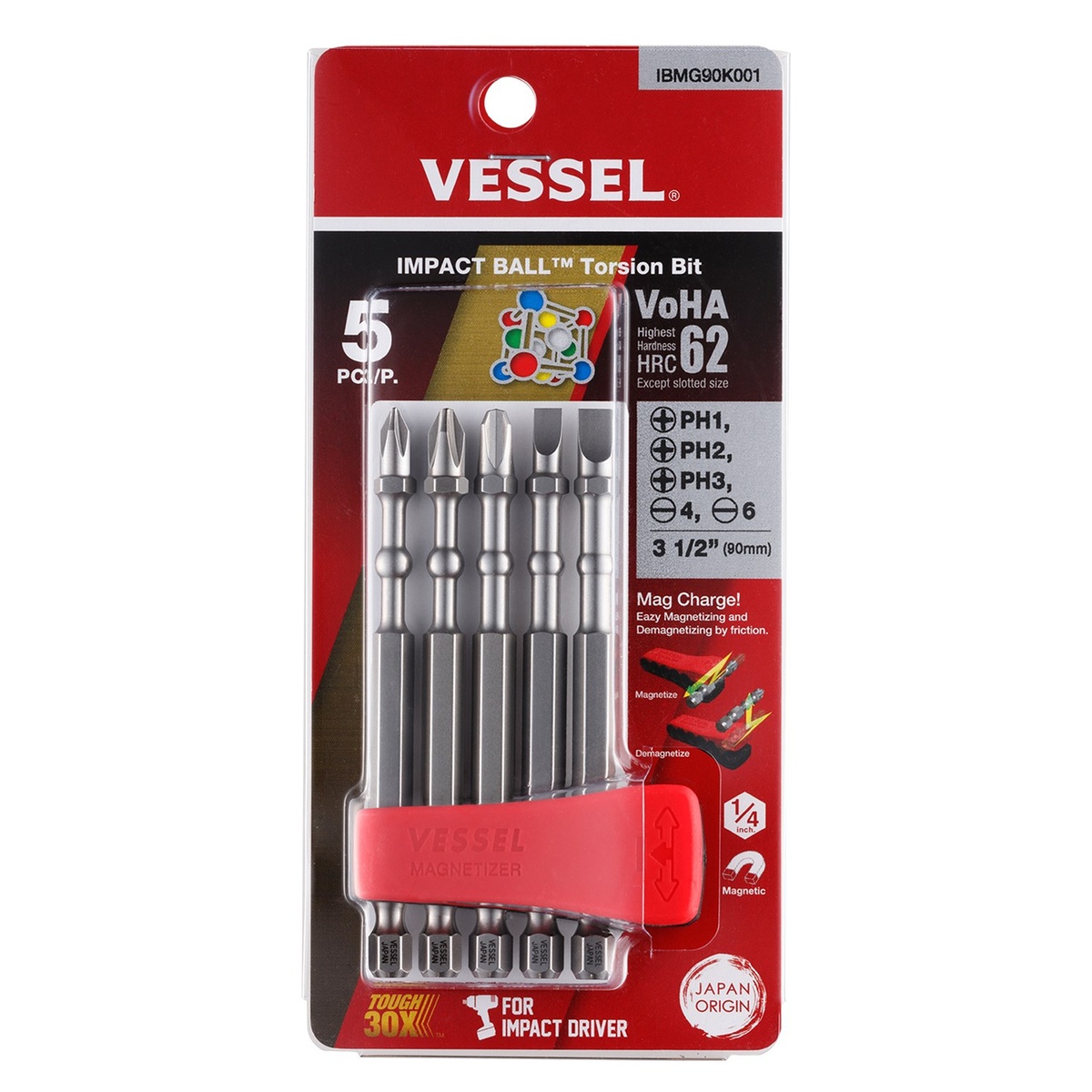 Vessel IBMG90K001 IMPACT BALL Torsion Bit with Mag Charge Holder package showing five 90 mm driver bits and magnetizer holder on a clean product display