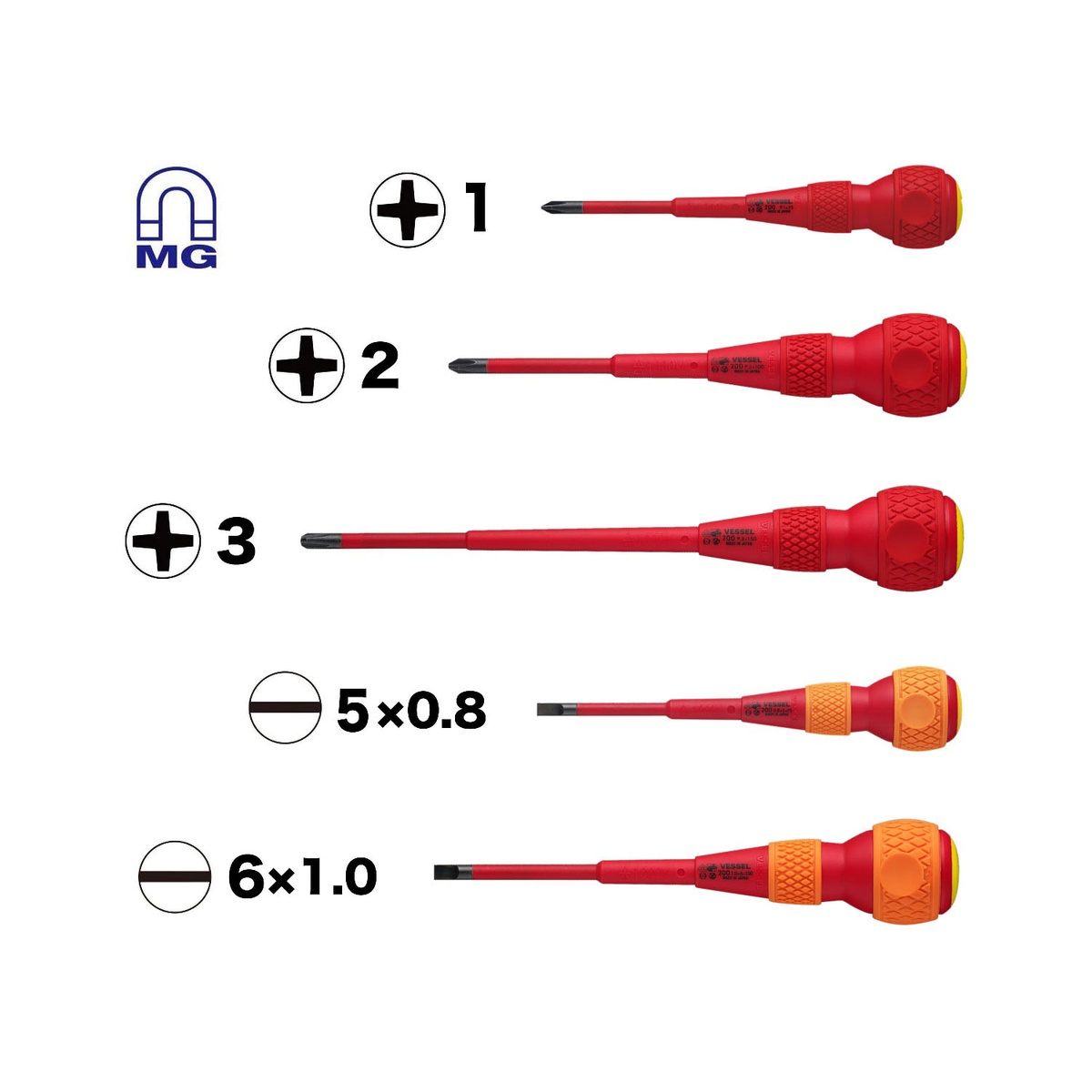 Vessel 2005PBU BALL GRIP Insulated Screwdriver 5-Piece Set lineup showing Phillips and slotted screwdriver sizes for electrical fastening and service work