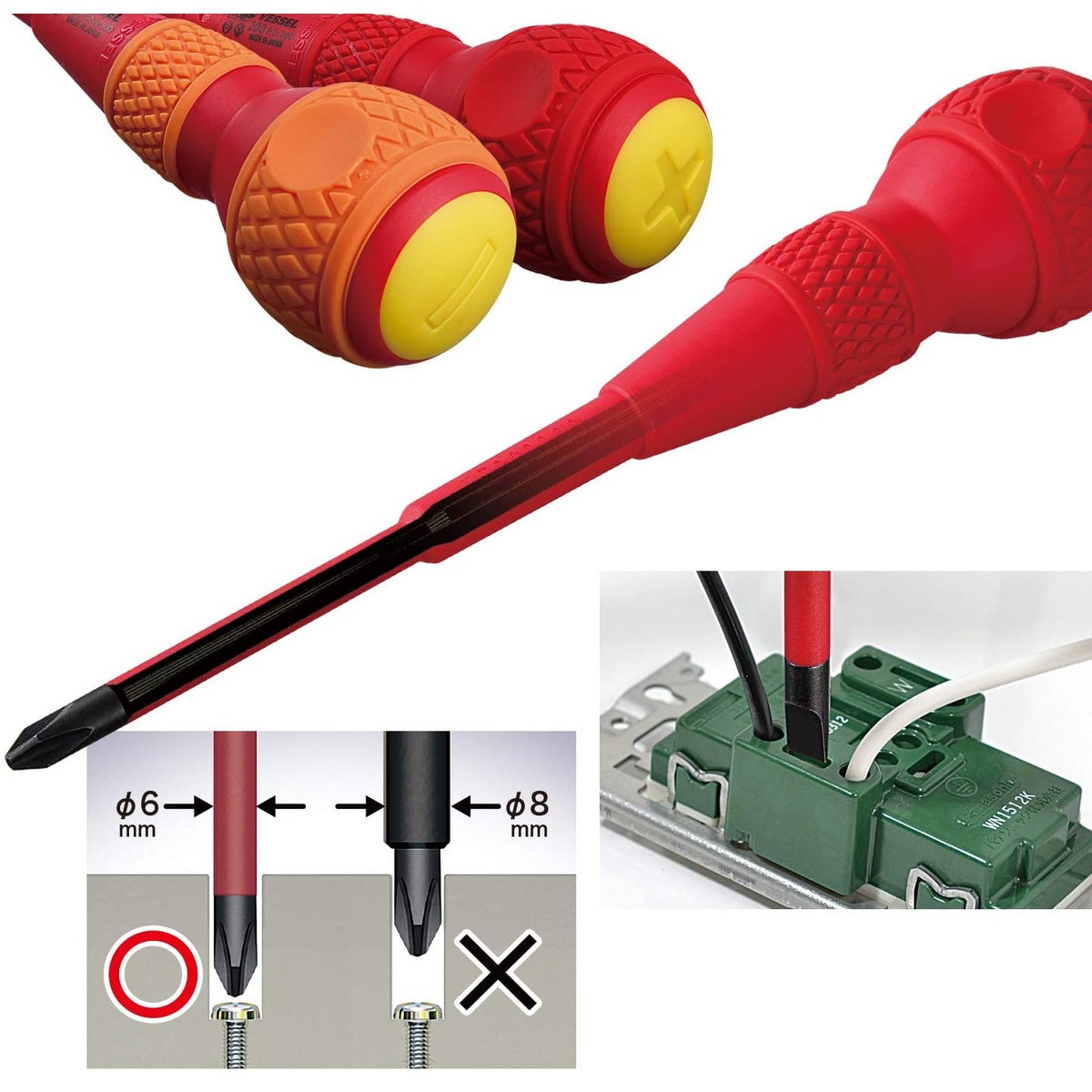 Vessel 2005PBU BALL GRIP Insulated Screwdriver 5-Piece Set close-up showing slim insulated shaft reaching terminal screws in an electrical connector during fastening work
