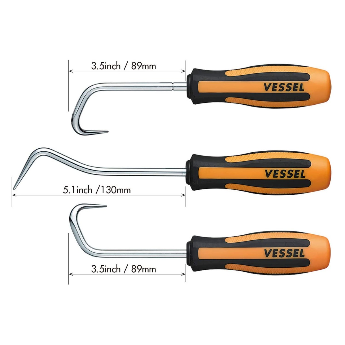 Vessel 970HR3PB MEGADORA Hose Remover 3-Piece Set showing two 3.5 inch 89 millimeter hooks and one 5.1 inch 130 millimeter long-reach hook on a clean background