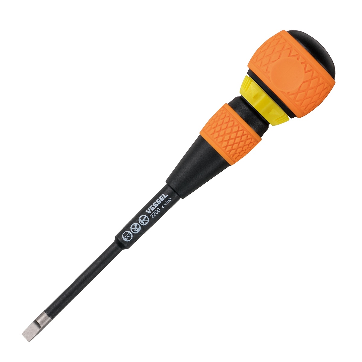 Vessel 2200S6100 Ball Ratchet Screwdriver product image showing the slotted tip, slim shank, and ball handle for terminal block and electrical panel fastening work