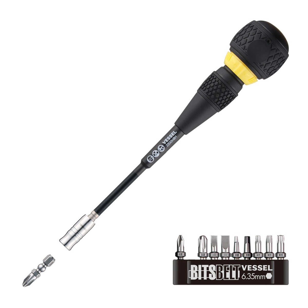 Vessel 2200MBH120K01 BALL GRIP Interchangeable Ratchet Screwdriver shown with interchangeable bit and BITSBELT holder for manual fastening and repair work at the bench or in a service bag