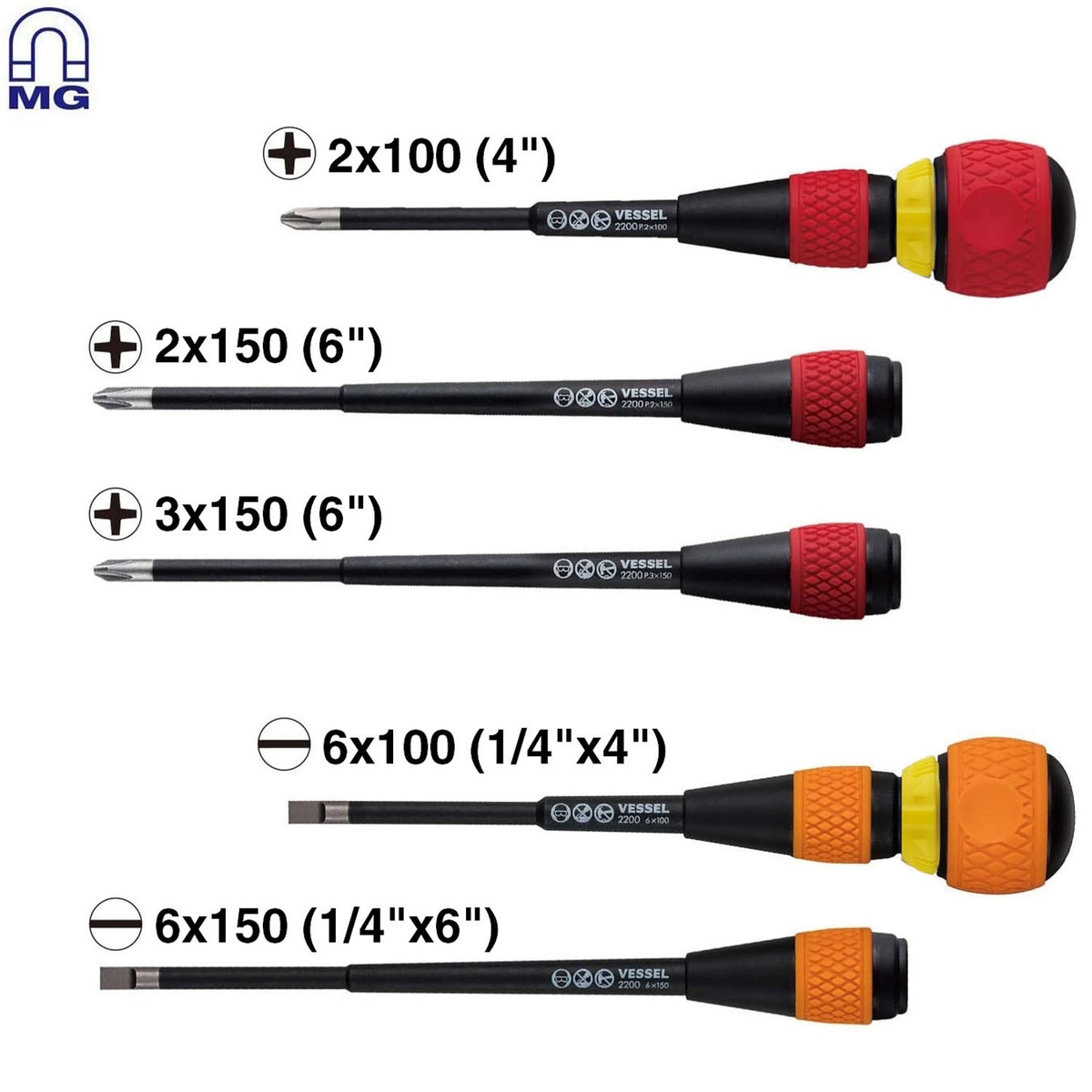 Vessel 22002N3EVA Ball Ratchet Screwdriver blade lineup showing Phillips and slotted replacement blades in 100 mm and 150 mm lengths