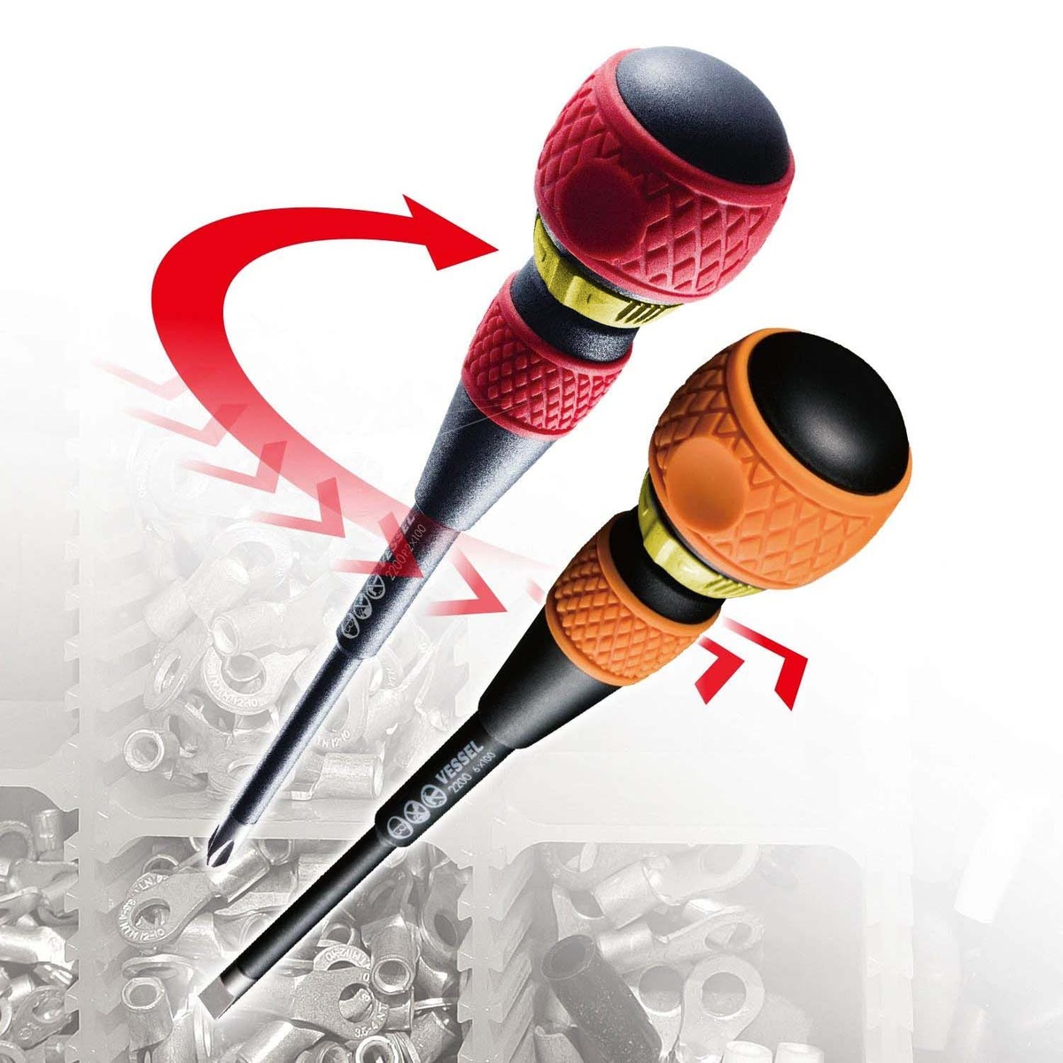 Vessel 22002N3EVA Ball Ratchet Screwdriver handles showing ball grip ratcheting action for maintenance fastening