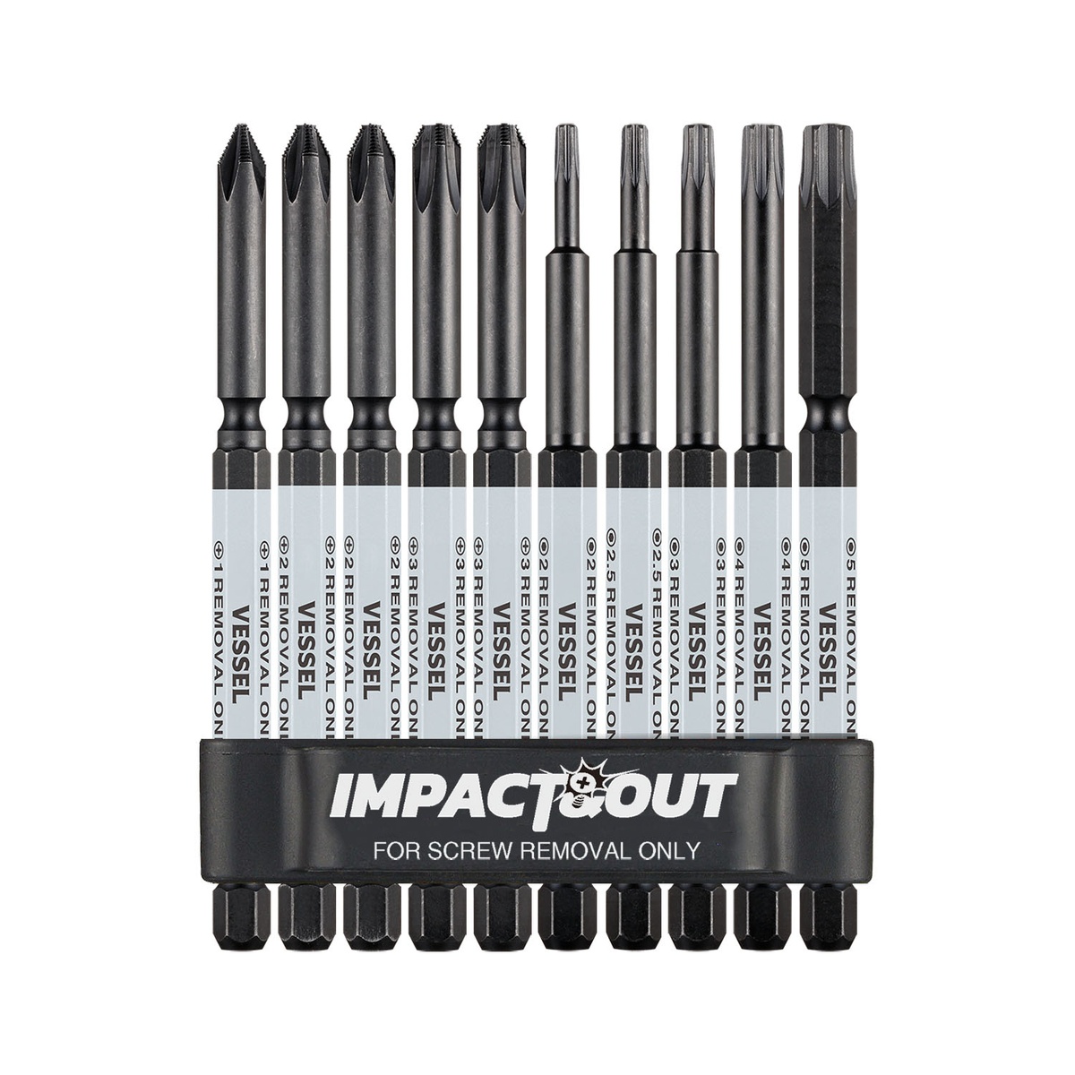 Vessel HZB10P01 IMPACT & OUT Screw Removing Bit Assortment showing the full set of screw removing bits in the holder