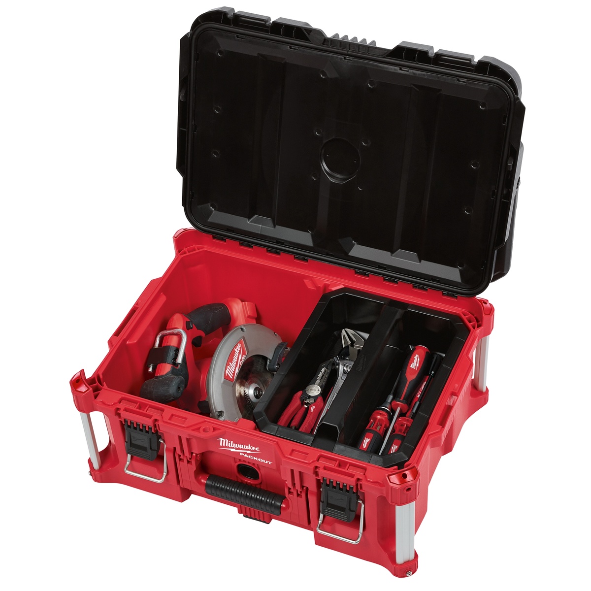 Milwaukee PACKOUT Large Tool Box 48-22-8425 open with power tools and hand tools organized inside the tray and lower compartment