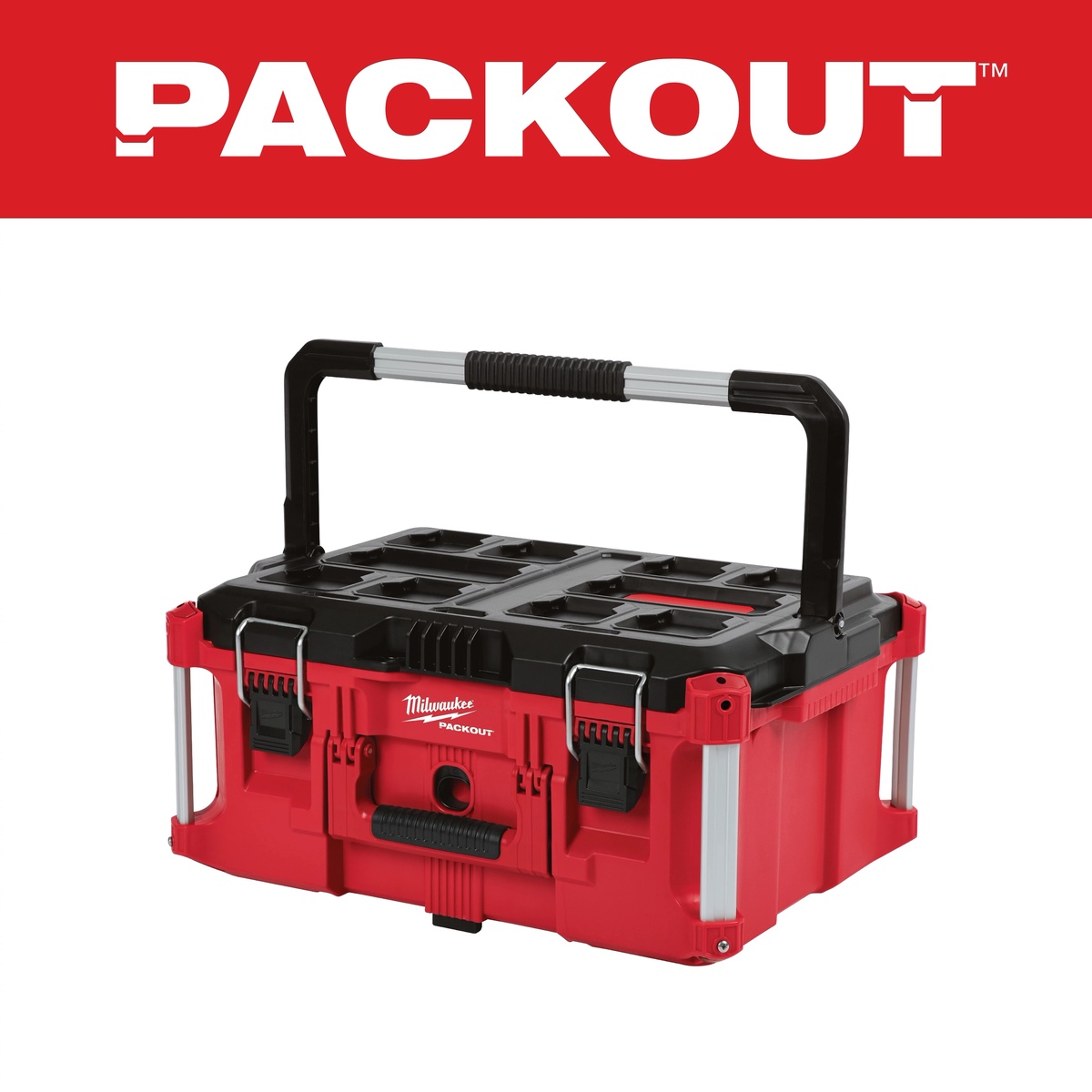 Milwaukee PACKOUT Large Tool Box 48-22-8425 clean product view showing the top handle, latches, and PACKOUT locking surface