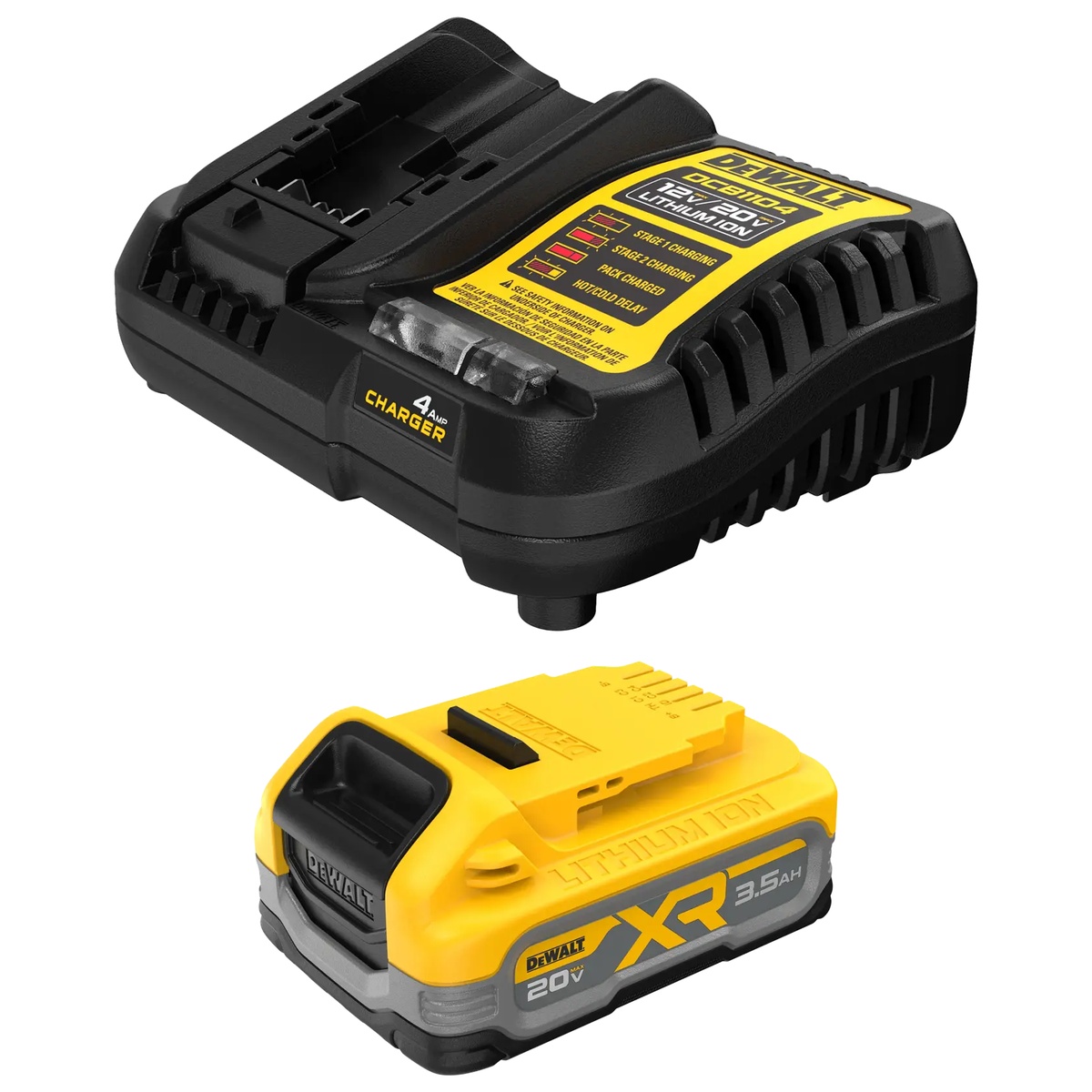 DEWALT DCBP320C 20V MAX XR 3.5Ah Battery Kit with charger and compact battery shown for DEWALT 20V MAX cordless tool use in shop and jobsite setups