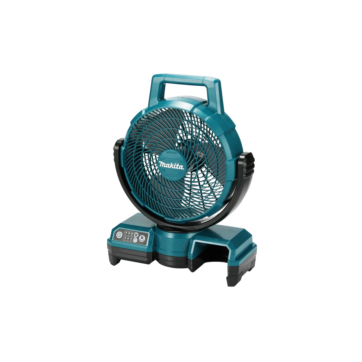 Makita DCF203Z 18V LXT Lithium-Ion Cordless/Corded 9-1/4 inch fan on a bench-ready base, shown as a compact air circulation fan for jobsite and indoor work areas