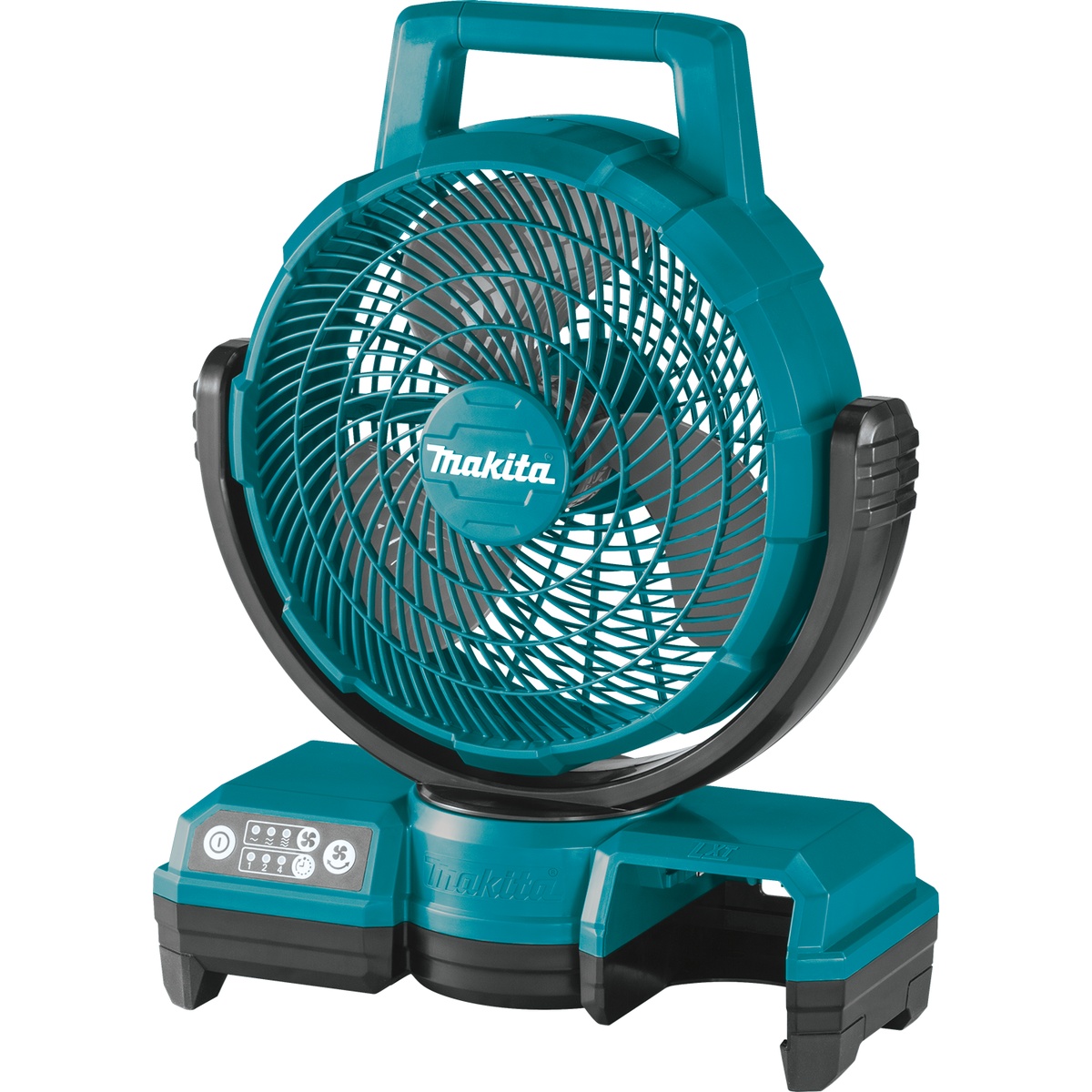 Makita DCF203Z 18V LXT Lithium-Ion Cordless/Corded 9-1/4 inch fan shown as a portable jobsite fan with carry handle and adjustable head for shop or work area airflow
