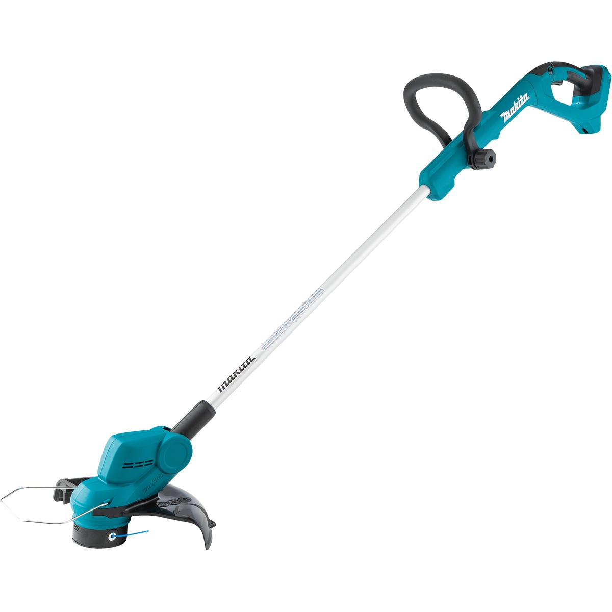 Makita XRU24Z 18V LXT Lithium-Ion Cordless String Trimmer shown as a straight-shaft trimming tool for grass edging and precision lawn cleanup around sidewalks and landscape borders