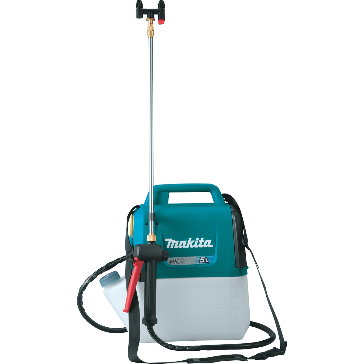 Makita XSU03Z 18V LXT Lithium-Ion Cordless 1.3 Gallon Sprayer shown with telescoping wand and dual nozzle setup for lawn and garden spraying tasks