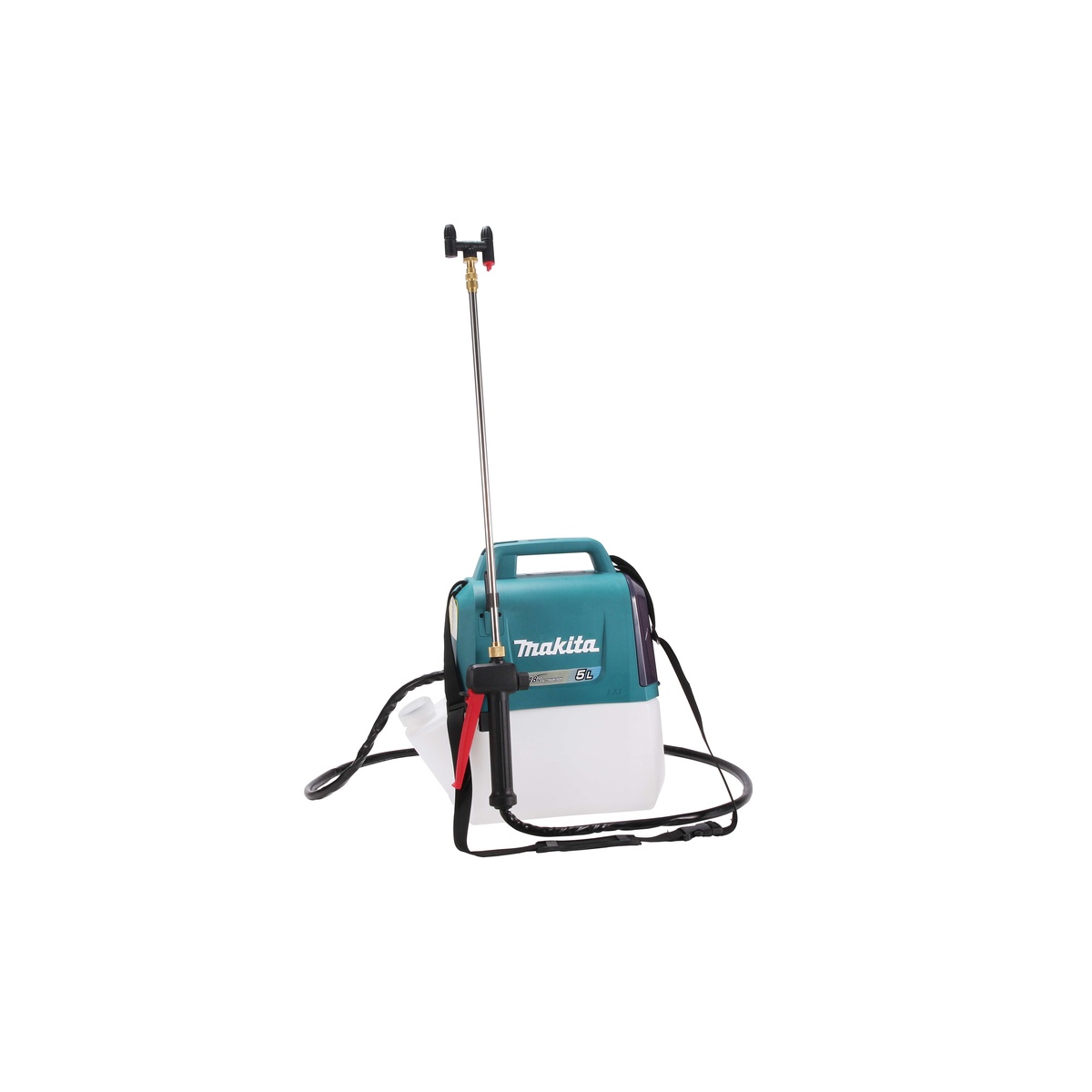 Makita XSU03Z 18V LXT Lithium-Ion Cordless 1.3 Gallon Sprayer on a clean background showing hose, shoulder strap, and extended spray wand for portable yard treatment