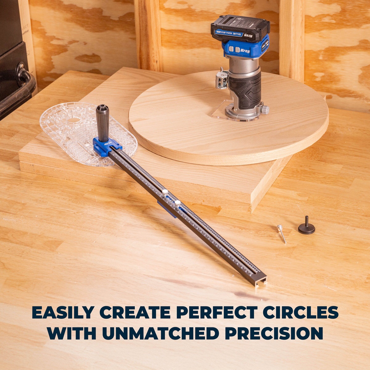 Kreg KRTCG100 Trim Router Circle Guide set up on a workbench for circle cutting on a round wood panel
