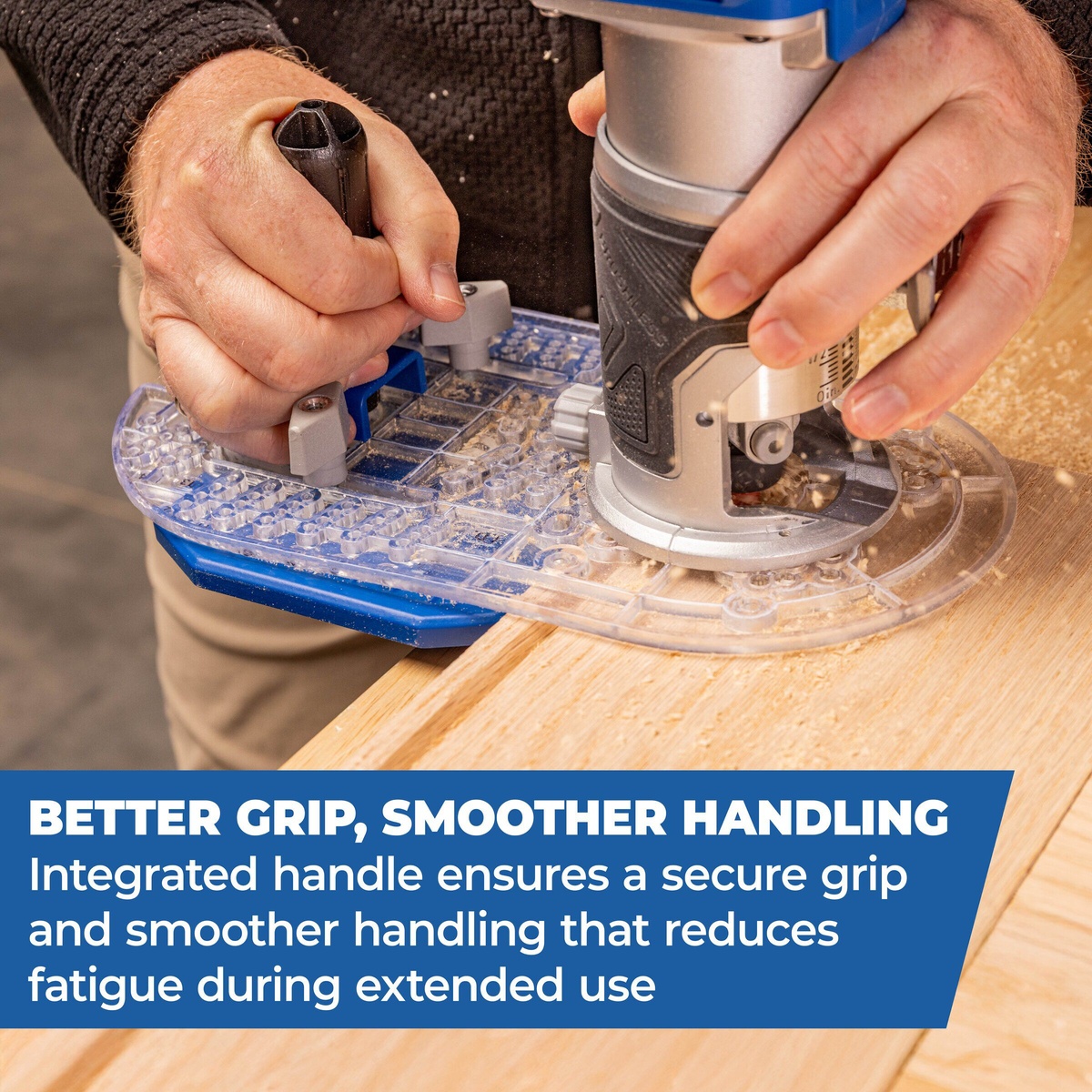 Kreg KRTBP150 Trim Router Edge Guide integrated handle being used to control a trim router while routing along a board edge