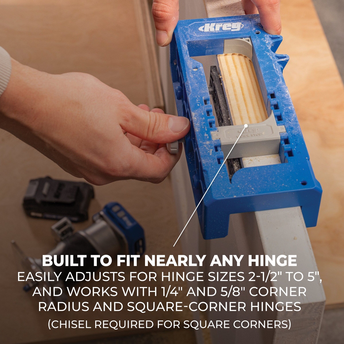 Kreg KRTHJ100 Door Hinge Routing Jig being adjusted on a door edge to match hinge size and corner radius before routing