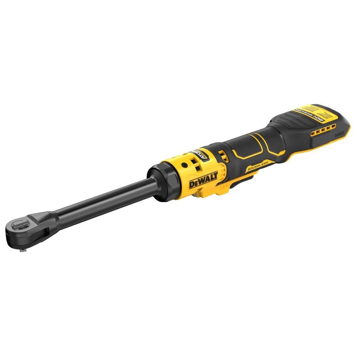 Close angle of the DeWALT DCF514EB extended reach ratchet showing compact body shape and drive head for controlled fastening in service and maintenance spaces