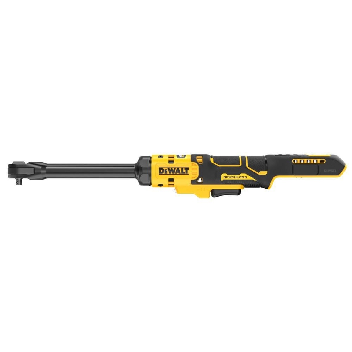 Side view of DeWALT 1/4 inch extended reach ratchet showing trigger area, brushless motor housing, and compact handle for glove-friendly shop use