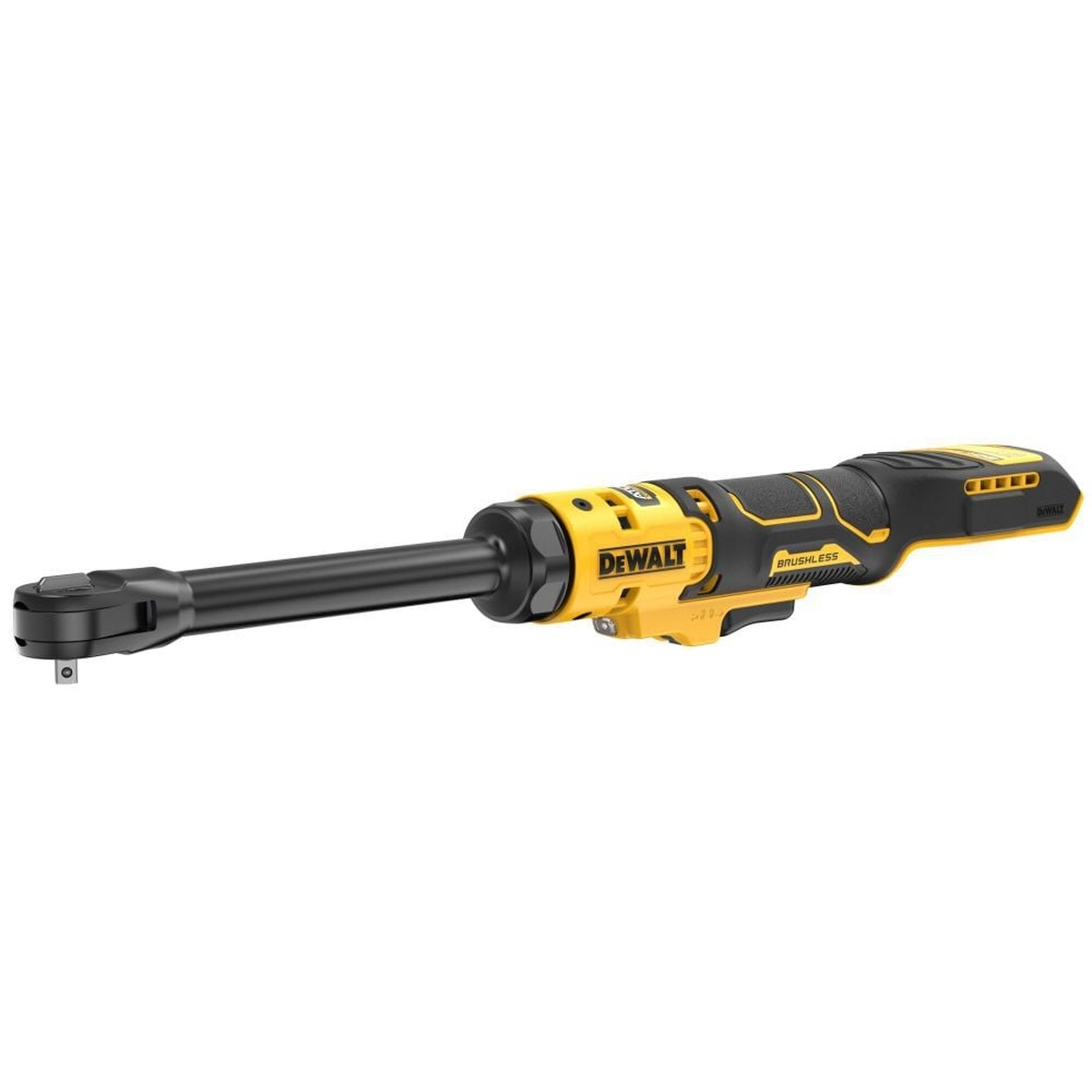 DeWALT DCF514EB ATOMIC 20V MAX Brushless Cordless 1/4-in. Extended Reach Ratchet, Tool Only shown in full profile to highlight the long neck and low-profile head for tight-access fastening work