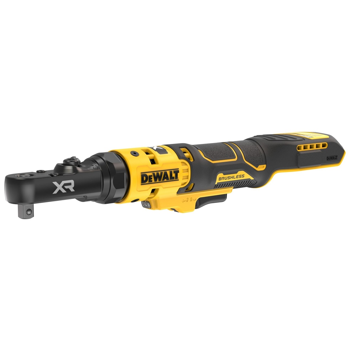 DeWALT DCF520B 20V MAX XR Brushless 1/4-in. and 3/8-in. Sealed Head Ratchet side view showing the compact body for service work and interchangeable drive use