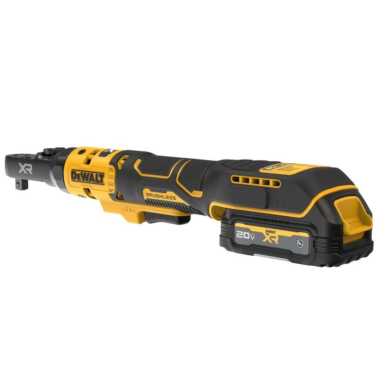 DeWALT DCF520GE1 20V MAX XR Brushless sealed head ratchet rear angle showing compact battery and grip for shop and field service use