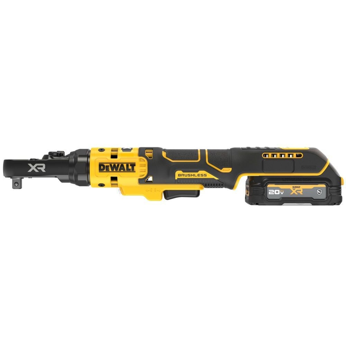 DeWALT DCF520GE1 20V MAX XR Brushless sealed head ratchet side view showing slim body and battery setup for automotive and maintenance fastening