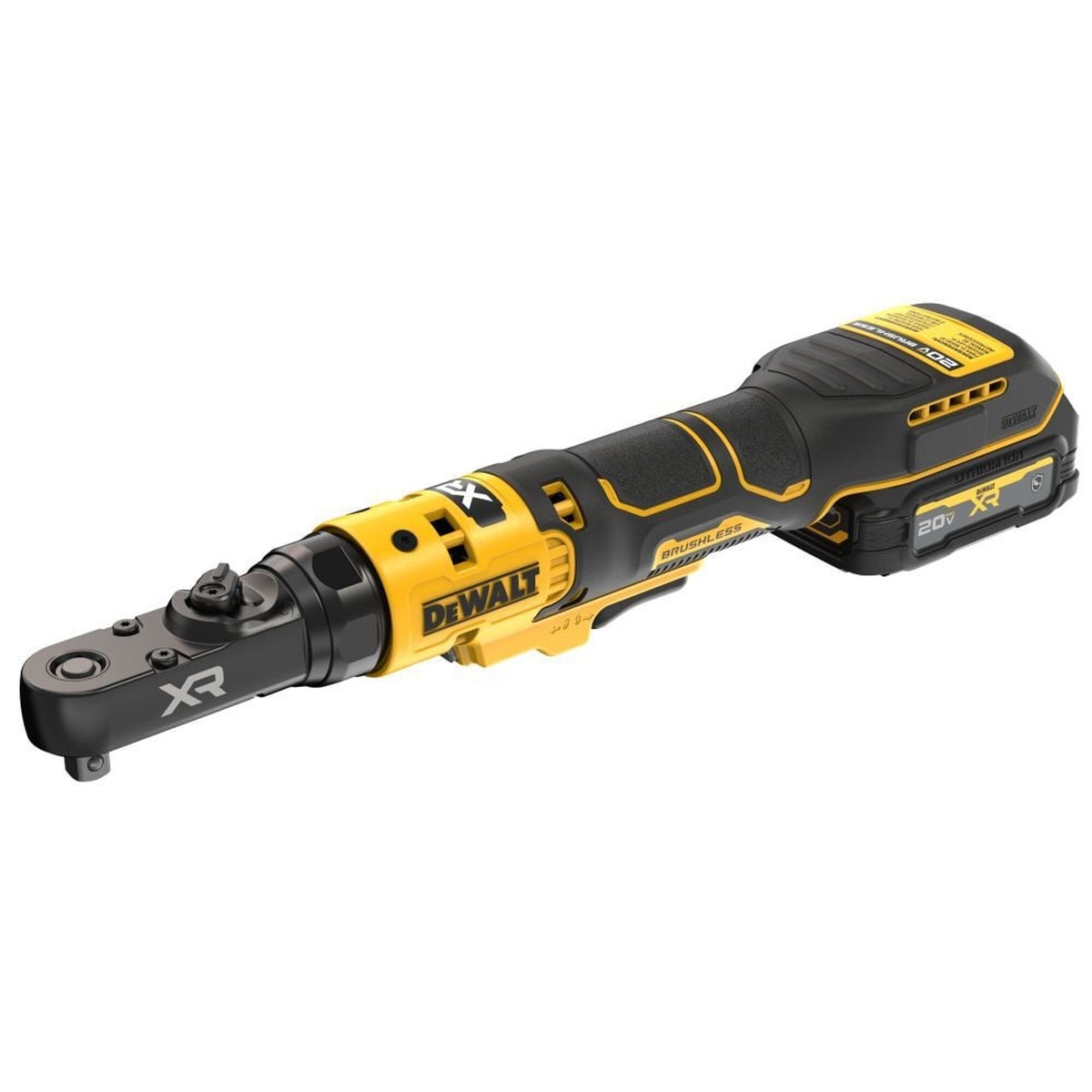 DeWALT DCF520GE1 20V MAX XR Brushless 1/4 in. and 3/8 in. sealed head ratchet shown from the front angle for tight-space fastening and service work