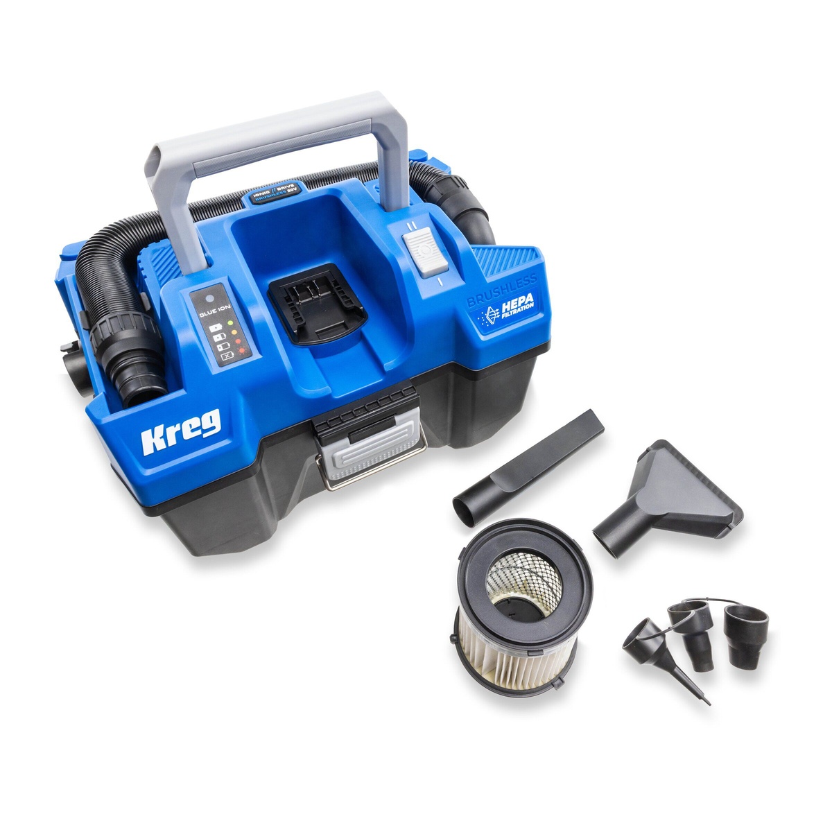 Kreg 20V Ionic Drive Wet/Dry Vac with HEPA tool only shown with hose, filter, utility nozzle, crevice tool, and inflator nozzles for workshop and jobsite cleanup